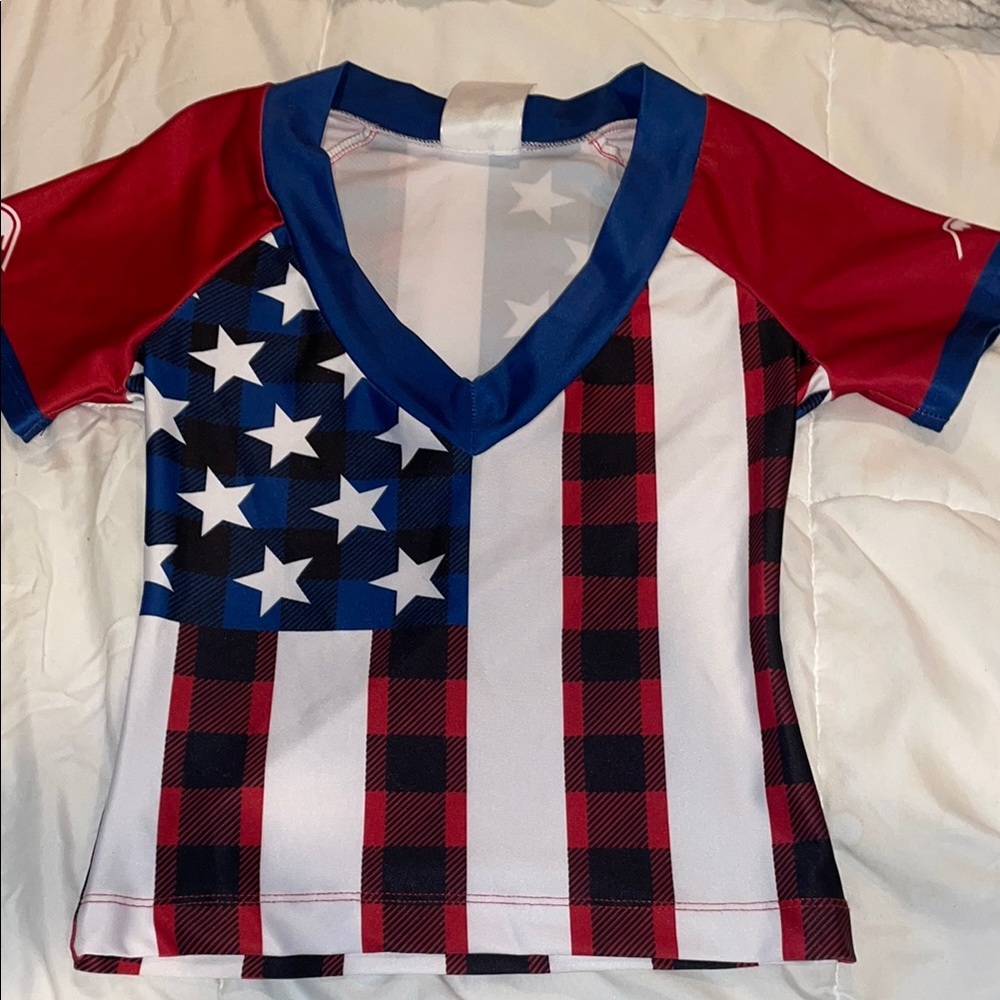 Rare TWIN PEAKS USA American flag sexy vneck crop top breastraunt costume cute